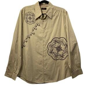 Contigo Mens Size Large Shirt Graphic Print Long Sleeve Rockabilly Tan Brown